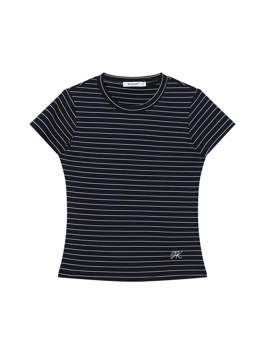 FUNKYFUN Elastic Comfortable Soft Contrasting Striped Slim Tee