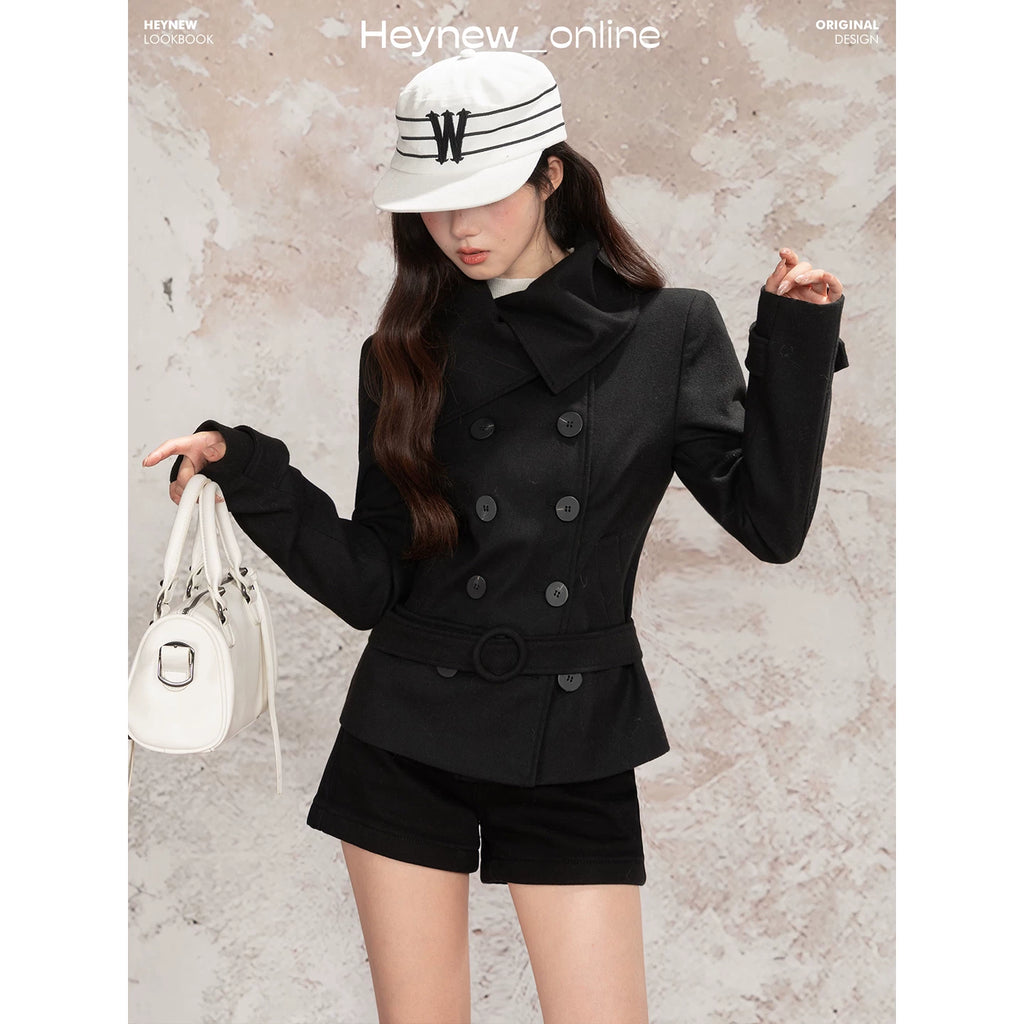 LOVEHEYNEW Double-breasted Large Lapel Woolen Short Jacket