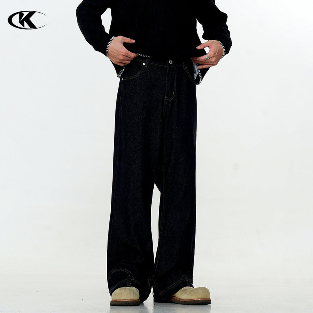 11KN Washed Black Inverted Retro Design Reverse Straight Jeans