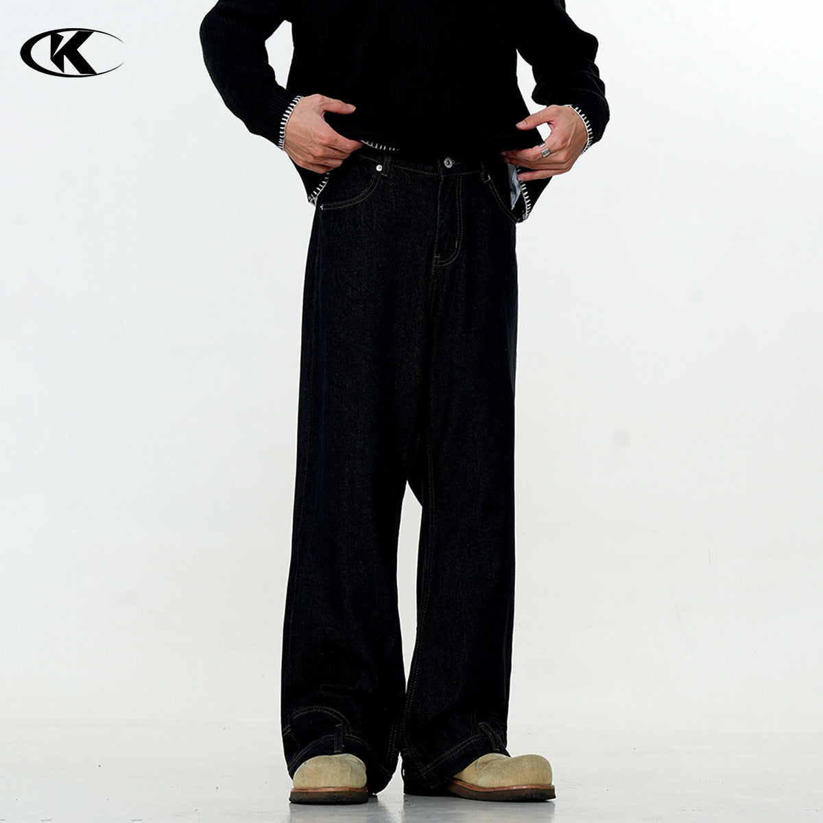 11KN Washed Black Inverted Retro Design Reverse Straight Jeans