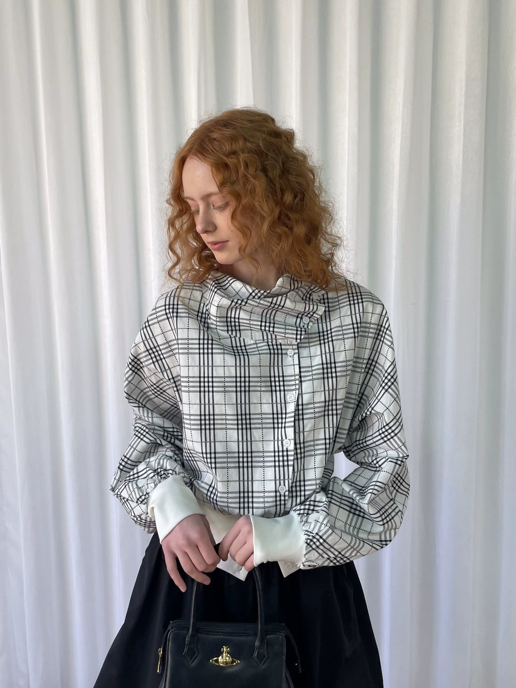 Loosesmell Plaid Pleated Collar Long-sleeved Shirt Jacket