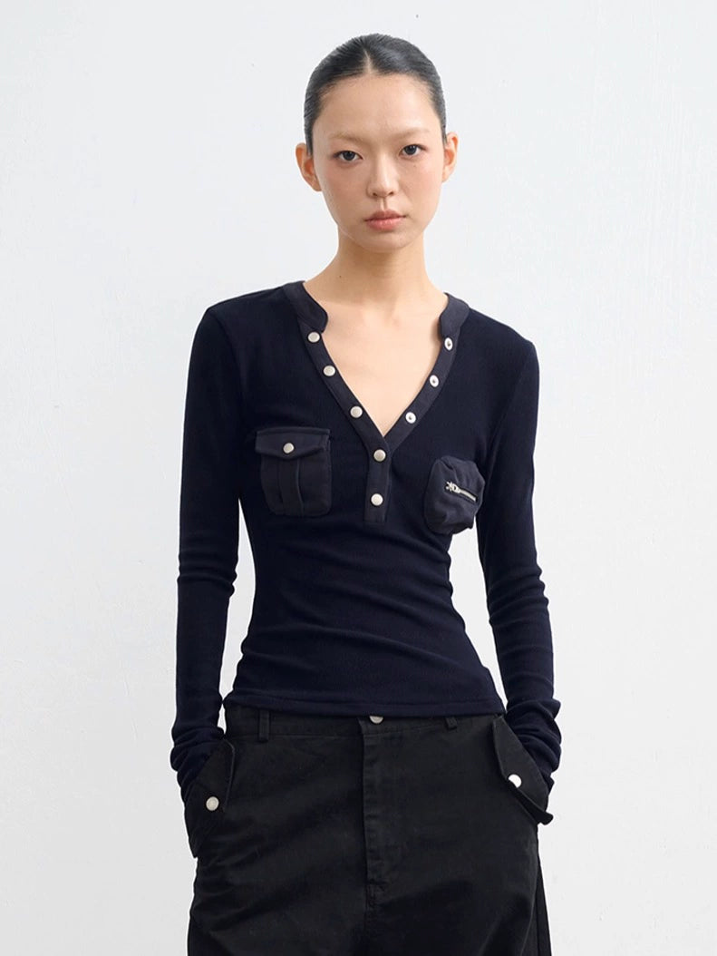 LINY LIBERTY Slim-fit V-neck Short Knitted Bottoming Shirt