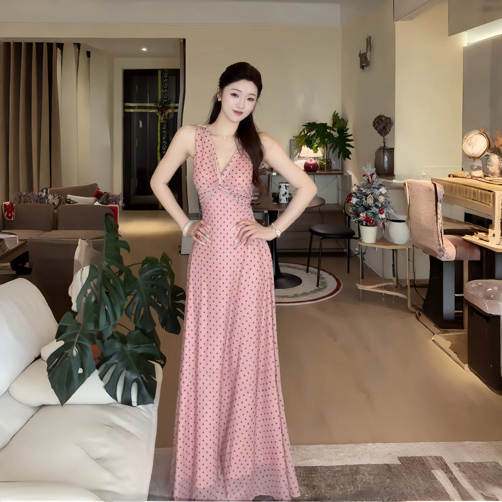 INSTUNNING Vintage Polka Dot V-Neck Sleeveless Long Dress