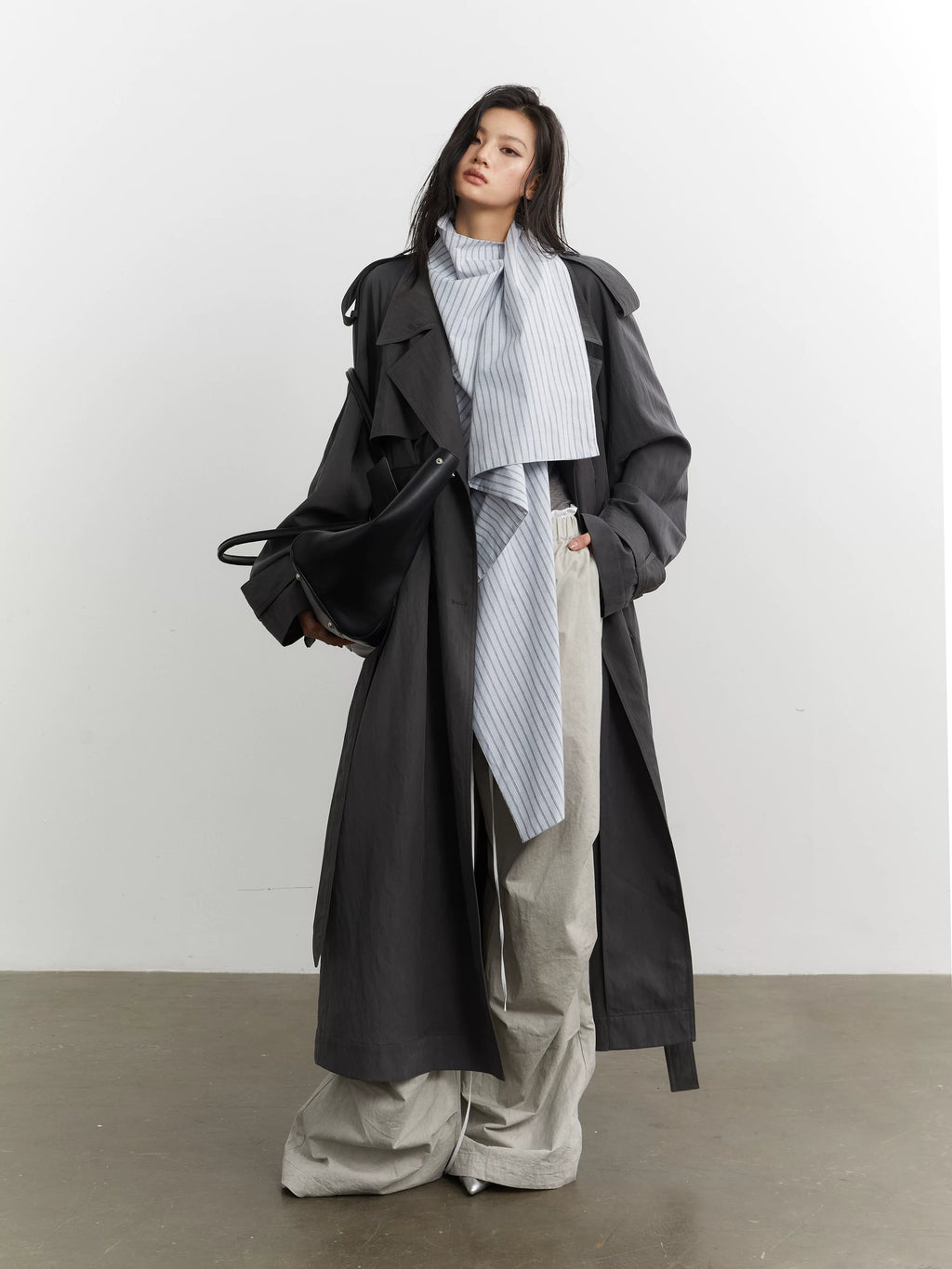 JNYLON Minimalist Loose Fake Two-piece Removable Collar Contrasting Color Long Trench Coat