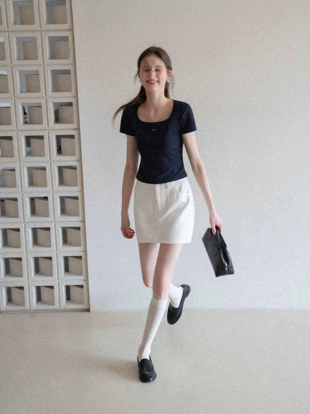 EGGKA Hollow Love Square Collar Straight Shoulder Tee
