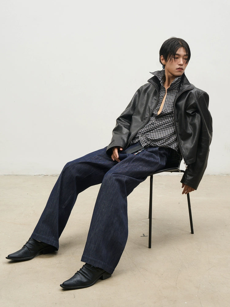 SOUTHFISH Slanted Placket Loose Pleated Silhouette Jeans