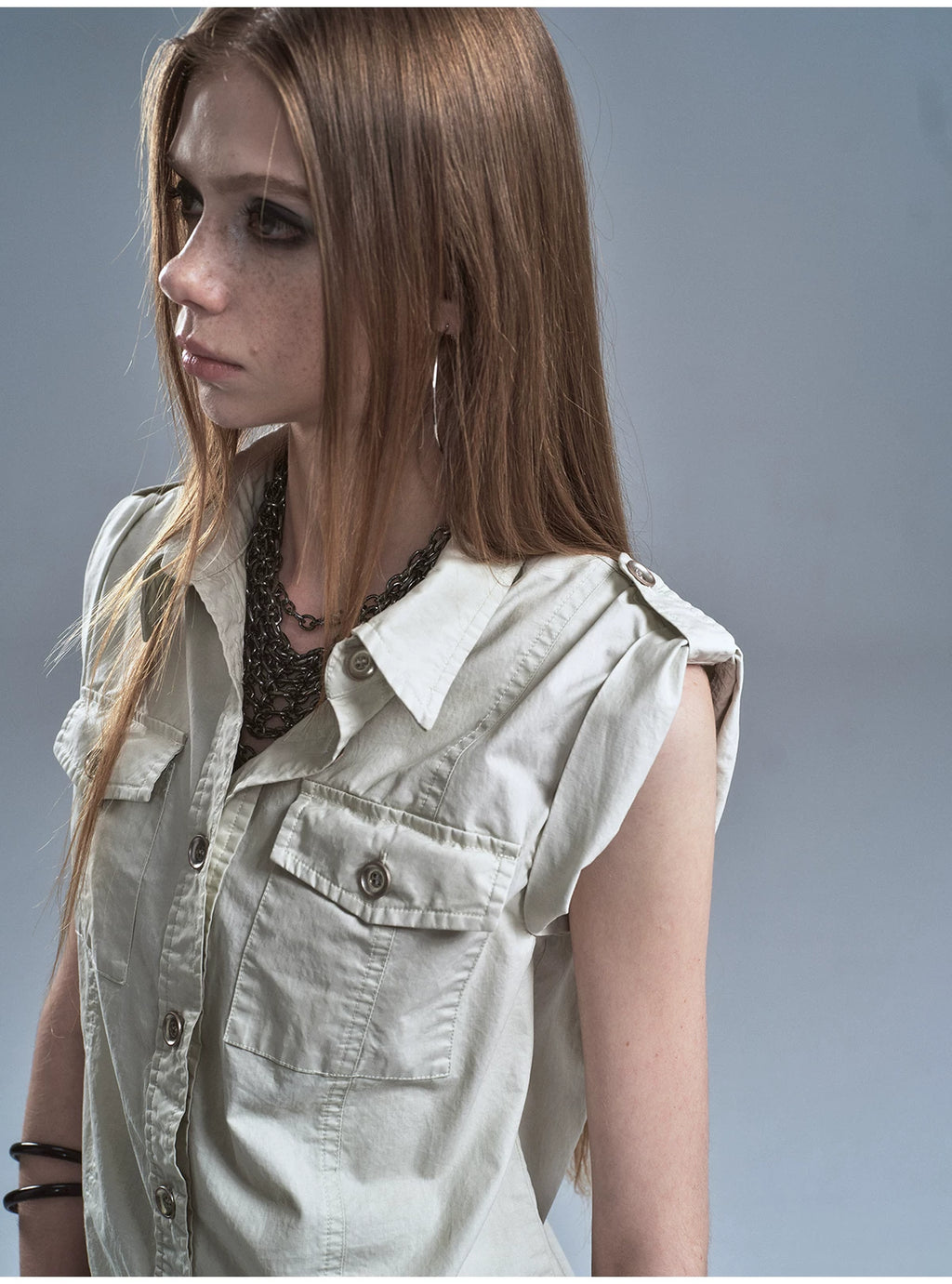WearAndtear Rivet Metal Button Sleeveless Shirt
