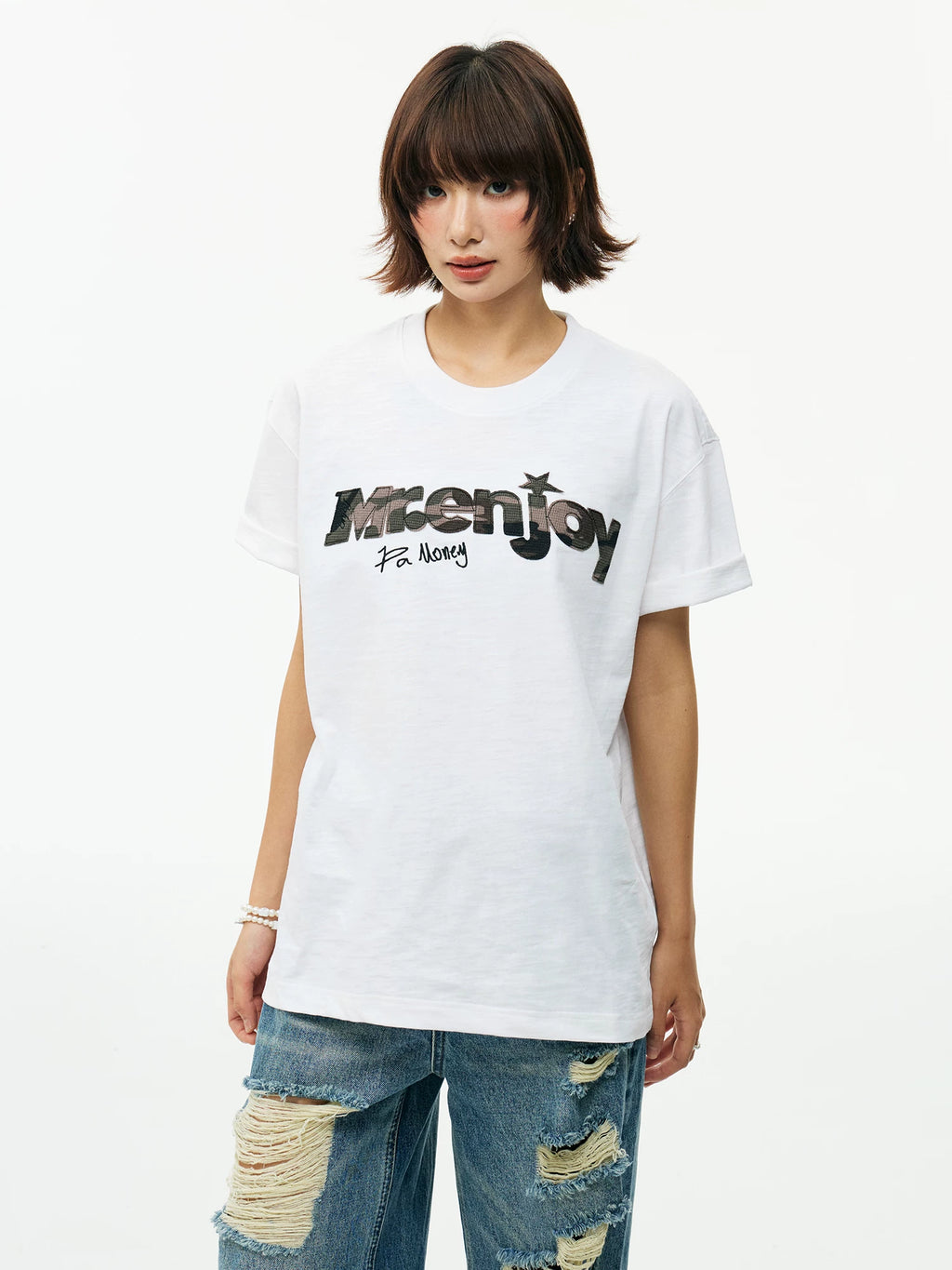 MEDM Cloth Embroidery Casual Round Neck Loose Tee
