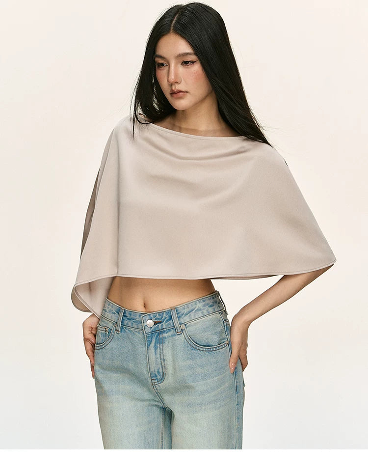 Anna Aneae Satin Slanted Shoulder Slim One-word Collar Short Tee