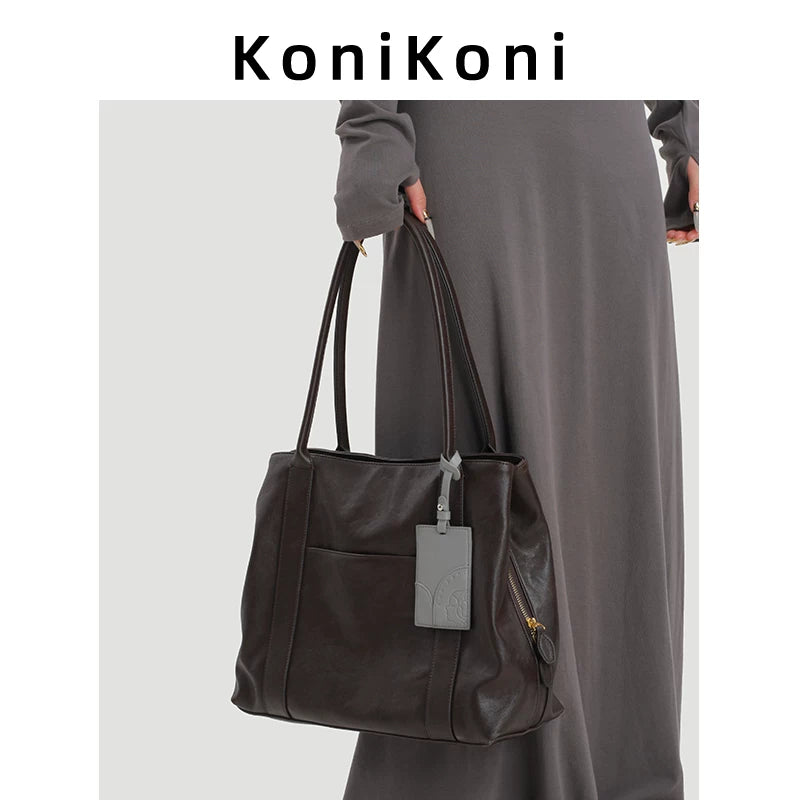 KoniKoni Leather Niche Large Capacity Shoulder Bag Underarm Bag