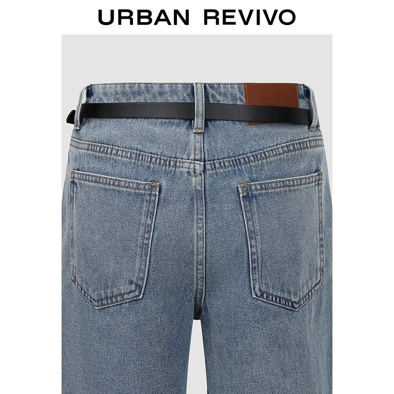 URBAN REVIVO Retro Cat Whisker Washed Belt Denim Shorts