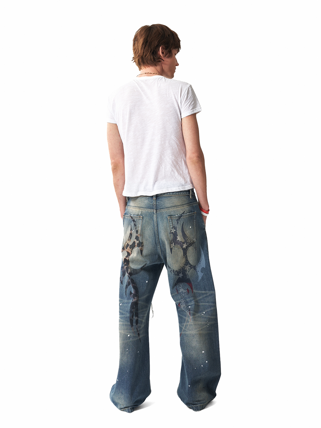 NumbAsia Retro Leopard Print Star Flag Print Ripped Jeans