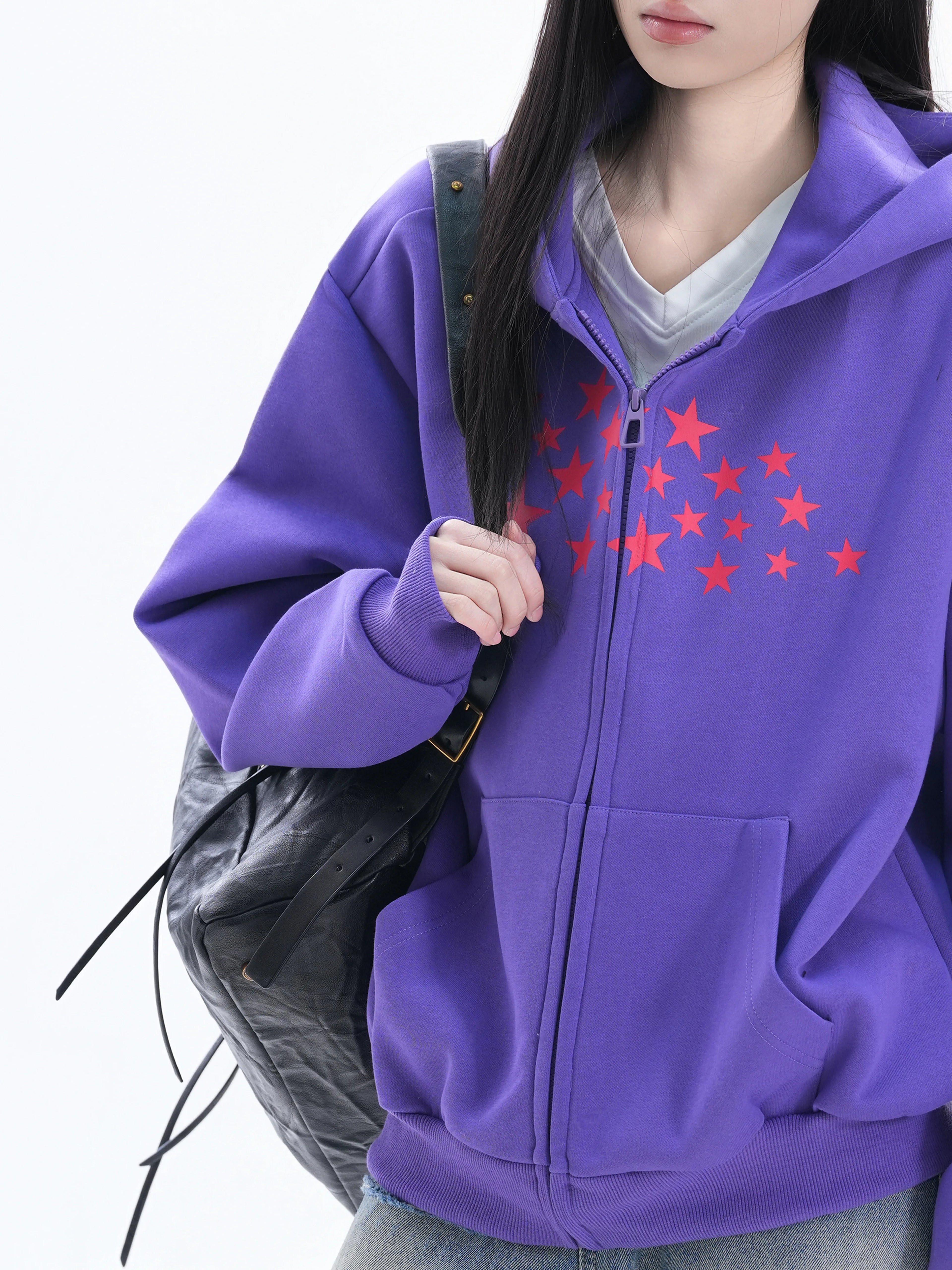 Zuocisankon Korean Printed Star Hooded Sweater Jacket