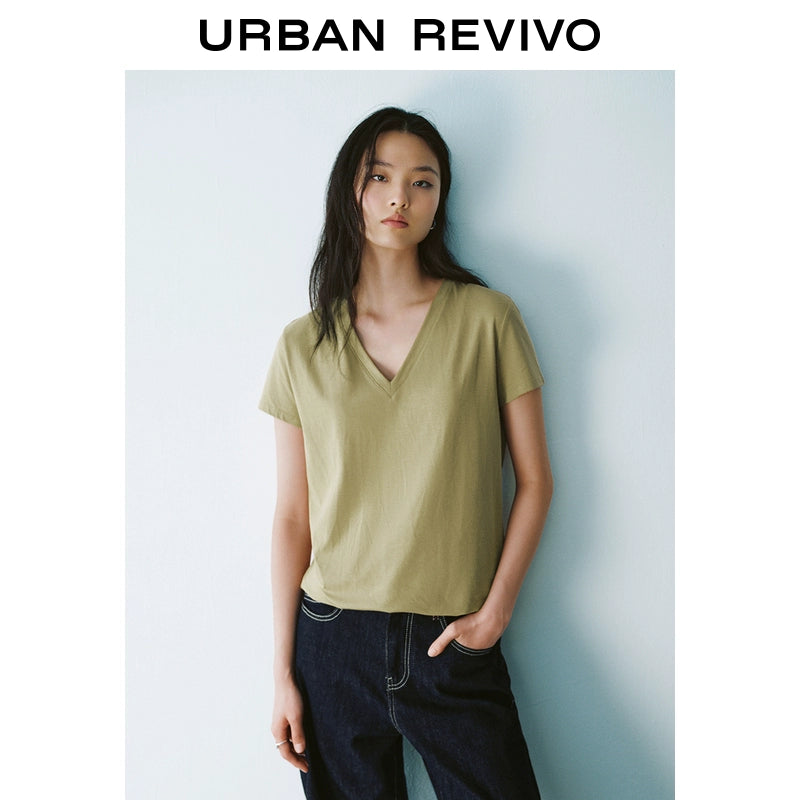 URBAN REVIVO Sports Versatile V-Neck Short Sleeve Tee
