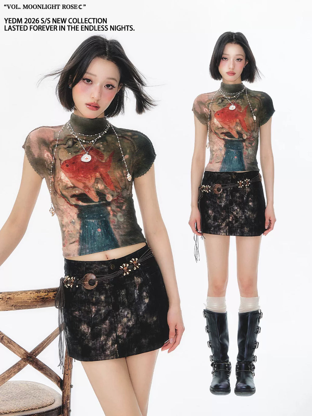 YEDM Goldfish Print Short Pleated Short Tee