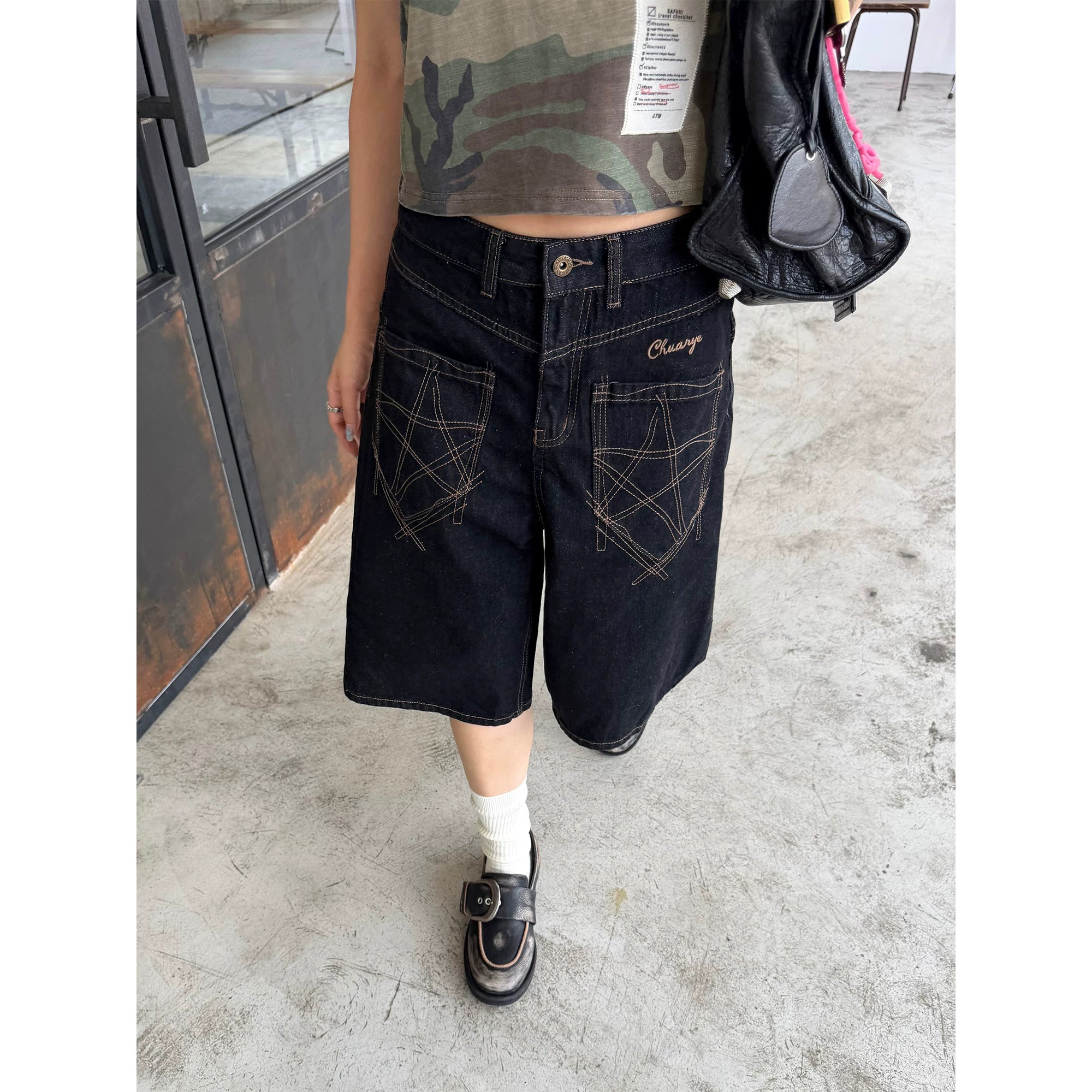 CCYE Wide-leg Denim Seven-point Knee Shorts
