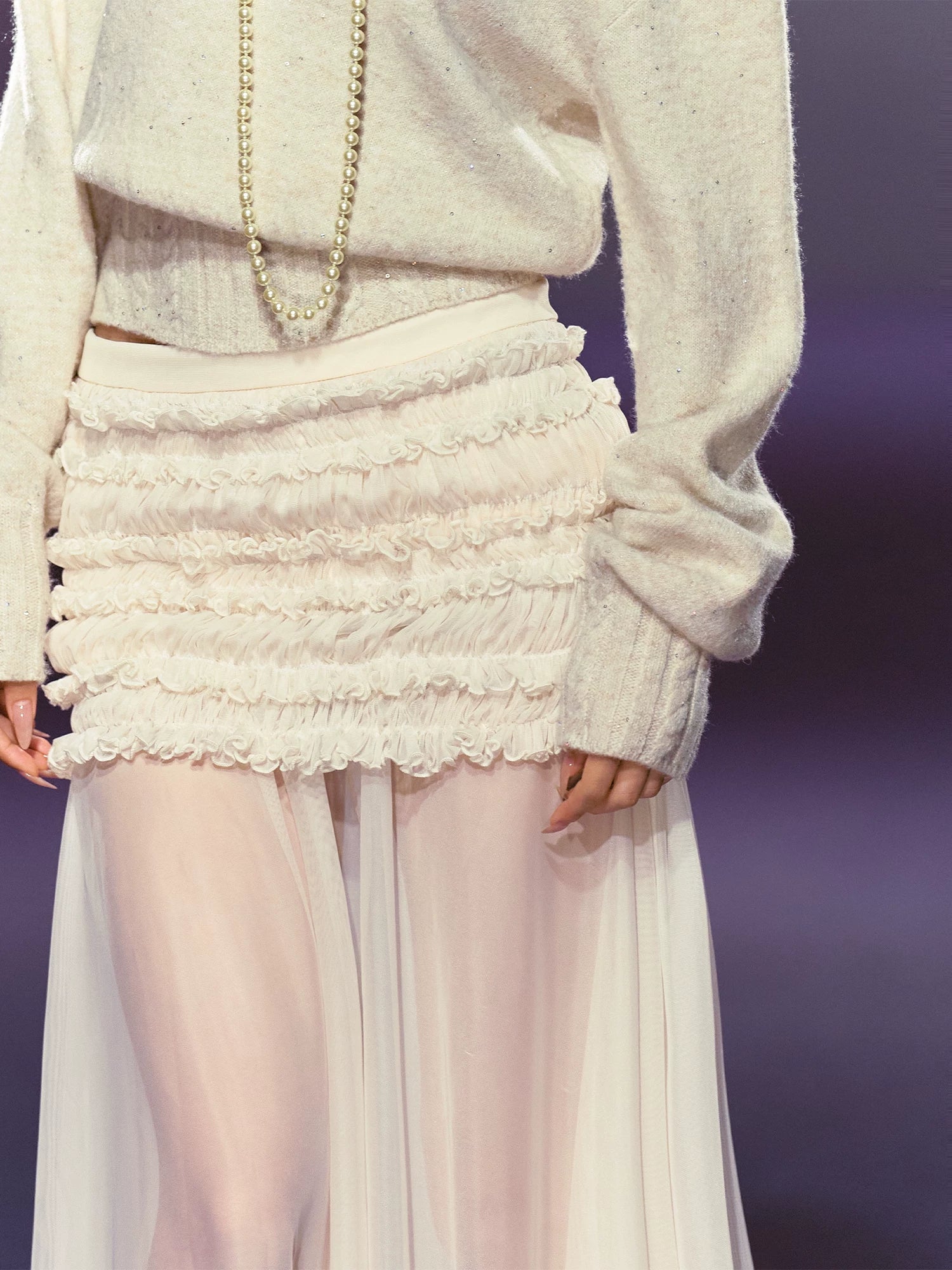 AGAM Three-dimensional Pleated Mesh Stitching Semi-transparent Long Skirt