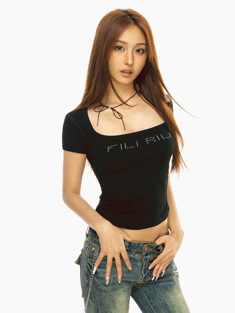 FILIRILI Vintage Versatile Square Neck Short Sleeve Knitted Sweater