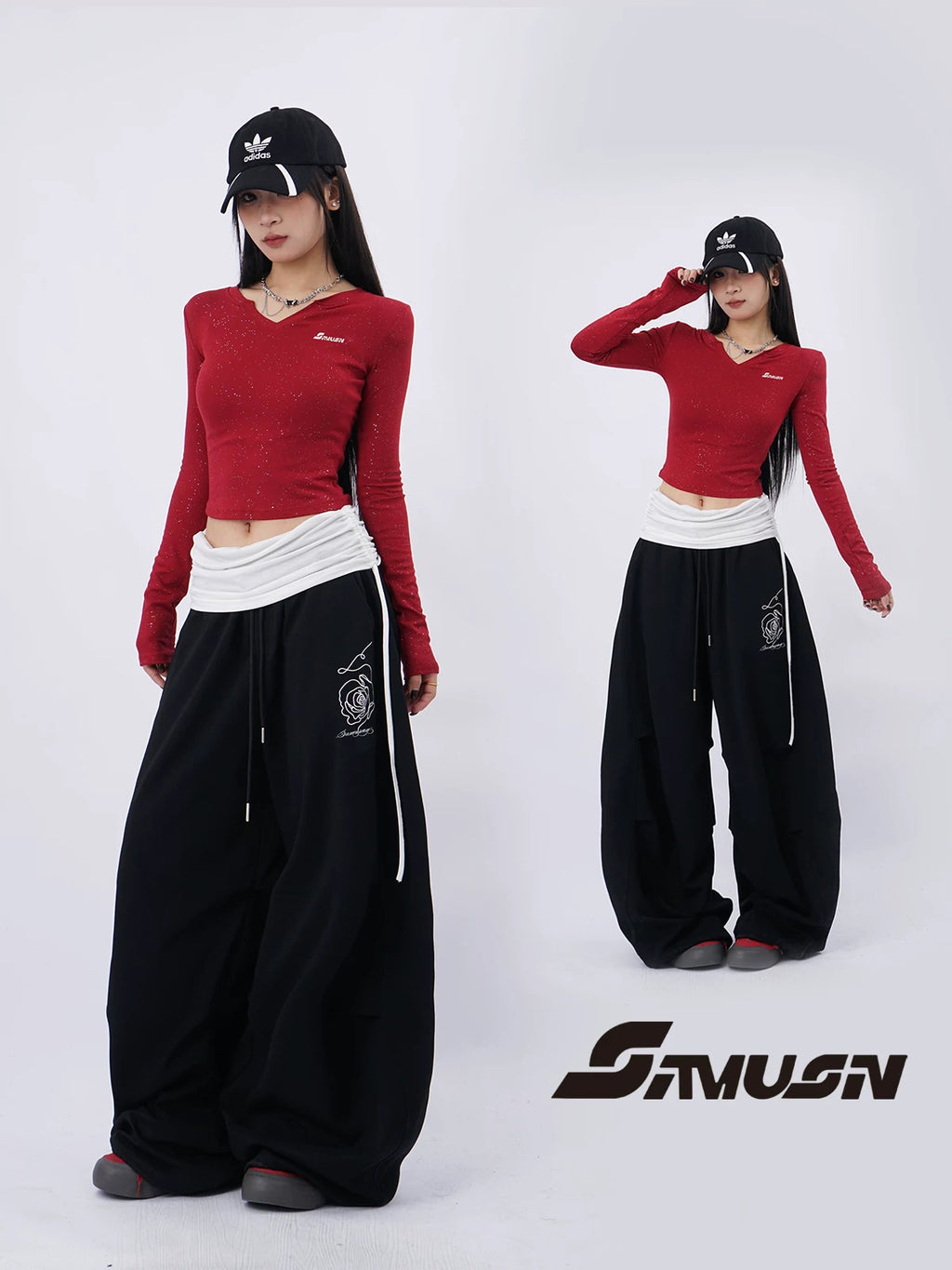 SAMUSAN Rose-embroidered Wide-leg Cargo Pants