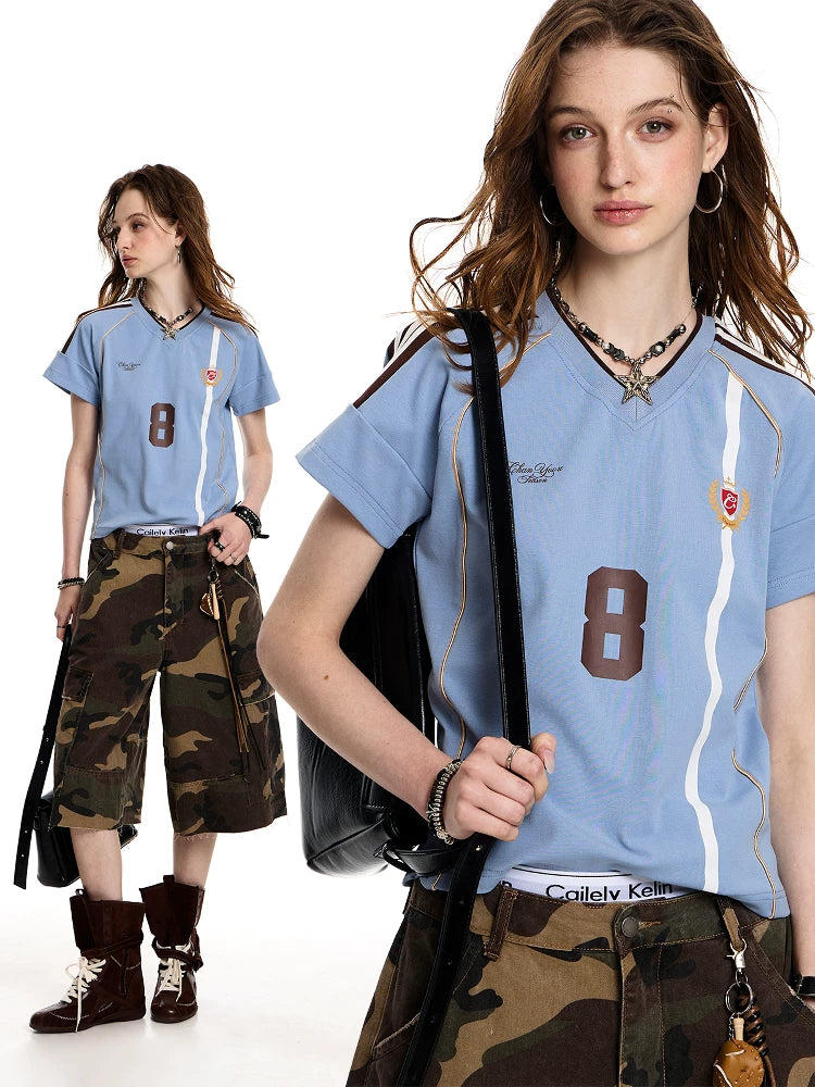 0123Start Vintage Striped V-neck Sports Tee
