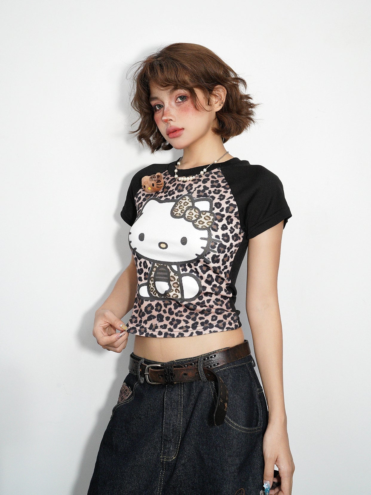 BANGU Vintage Leopard Print Stitching Kitty Cat Print Tee