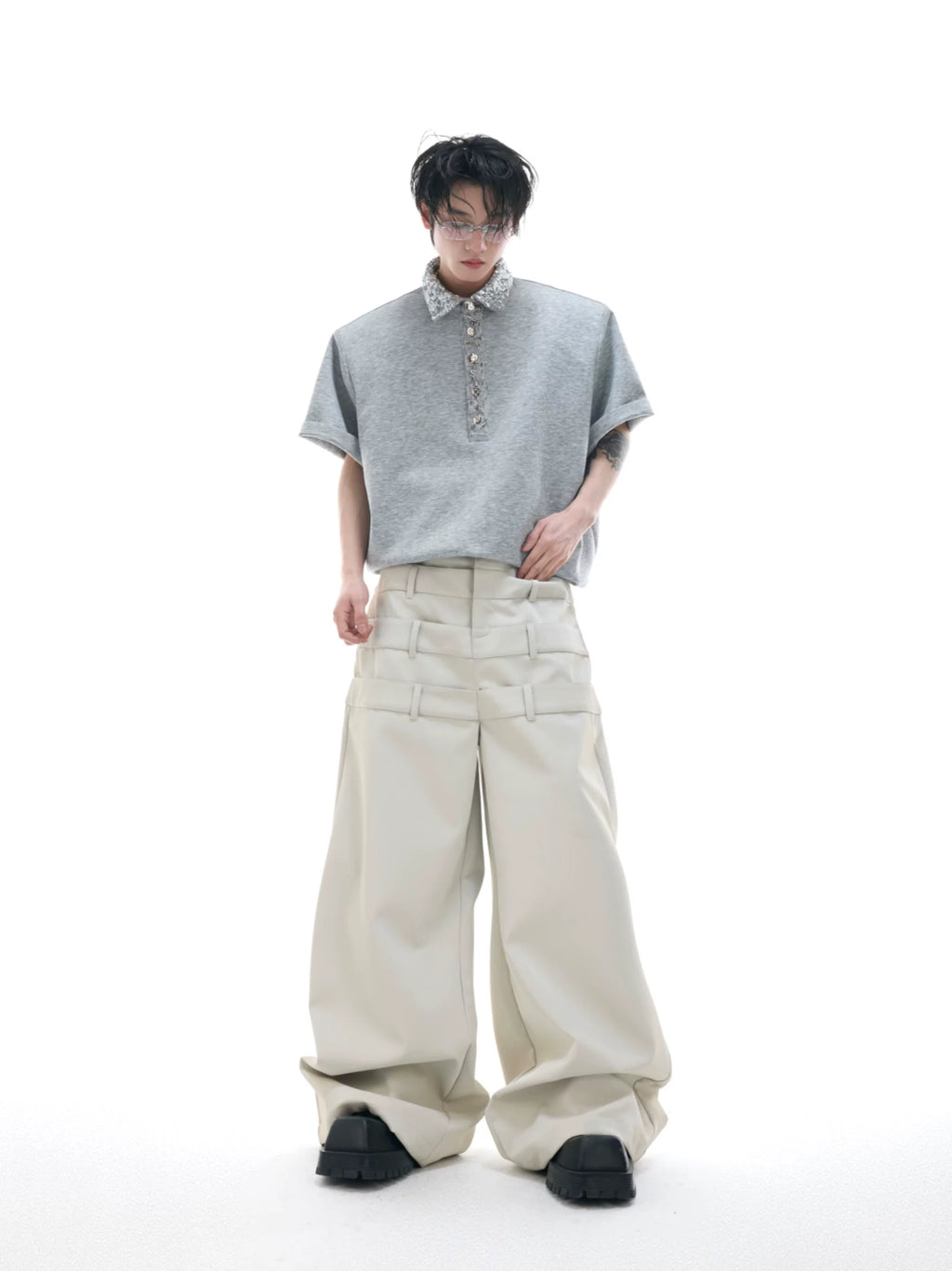 ArguECulturE Niche Sequined Square Neck Loose Polo Shirt Tee
