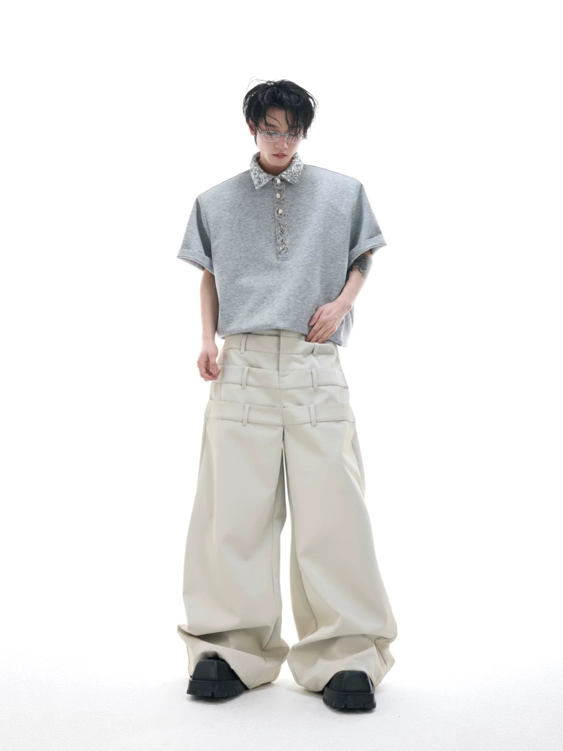 ArguECulturE Niche Sequined Square Neck Loose Polo Shirt Tee