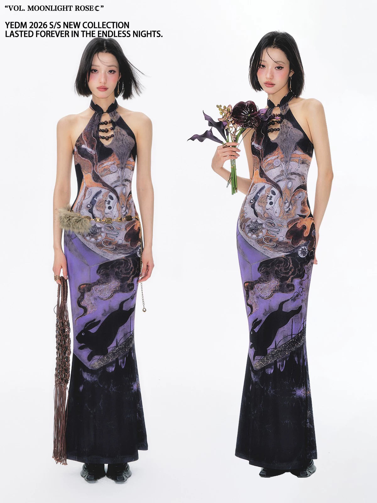 YEDM Beaded Cheongsam Skirt Printed Dress
