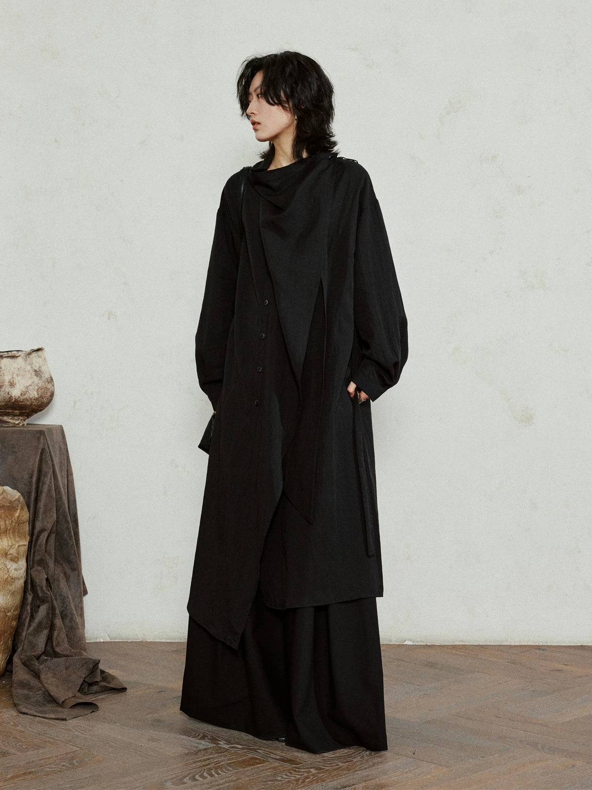 SUNYVONNE Asymmetrical Large Lapel Long Belted Coat
