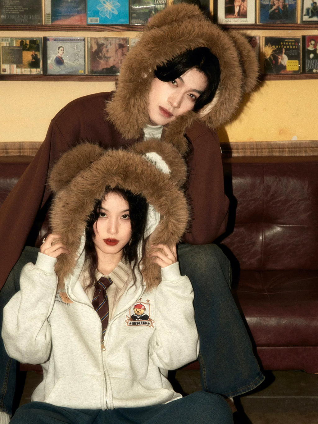 ALOHA Removable Fur Collar Bear-eared Hooded Fleece Sweater