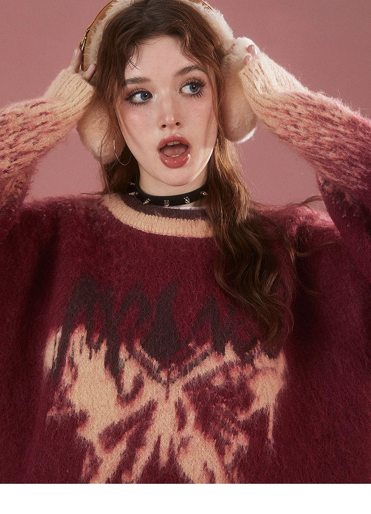 Imone Retro Gradual Change Splash Ink Butterfly Jacquard Sweater