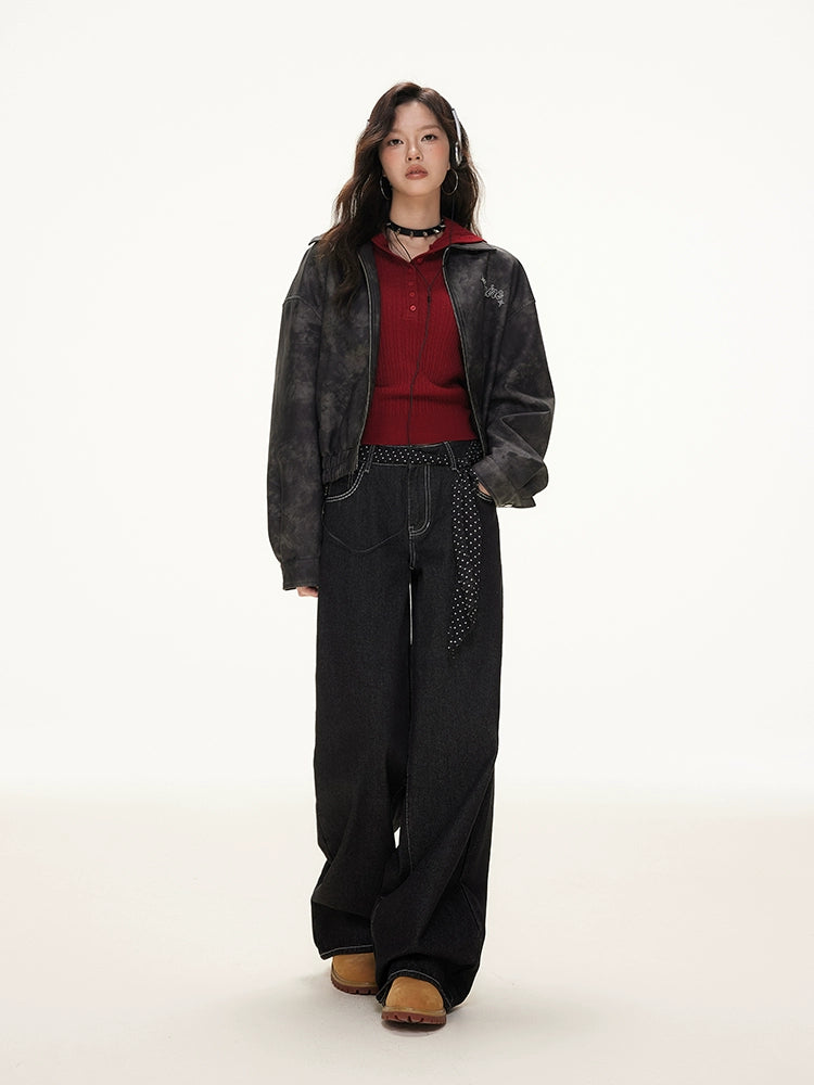 Imone Retro Bright Thread Embroidered Loose and Thin Jeans