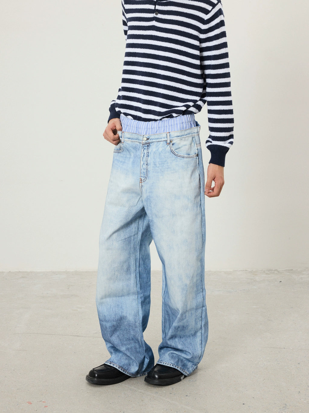 BTSG Retro 3D Printed Double Waist Striped Stitched Jeans