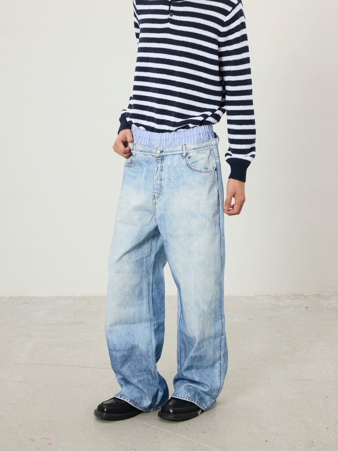 BTSG Retro 3D Printed Double Waist Striped Stitched Jeans