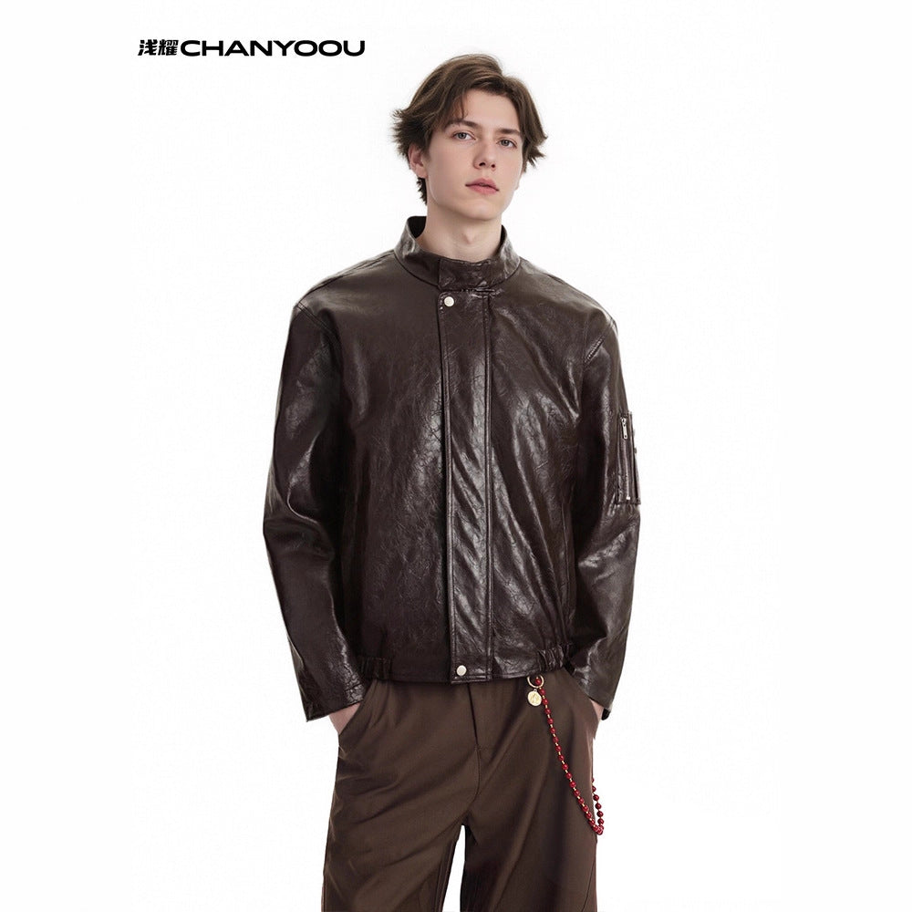 CHANYOOU Vintage Stand-up Collar Leather Jacket