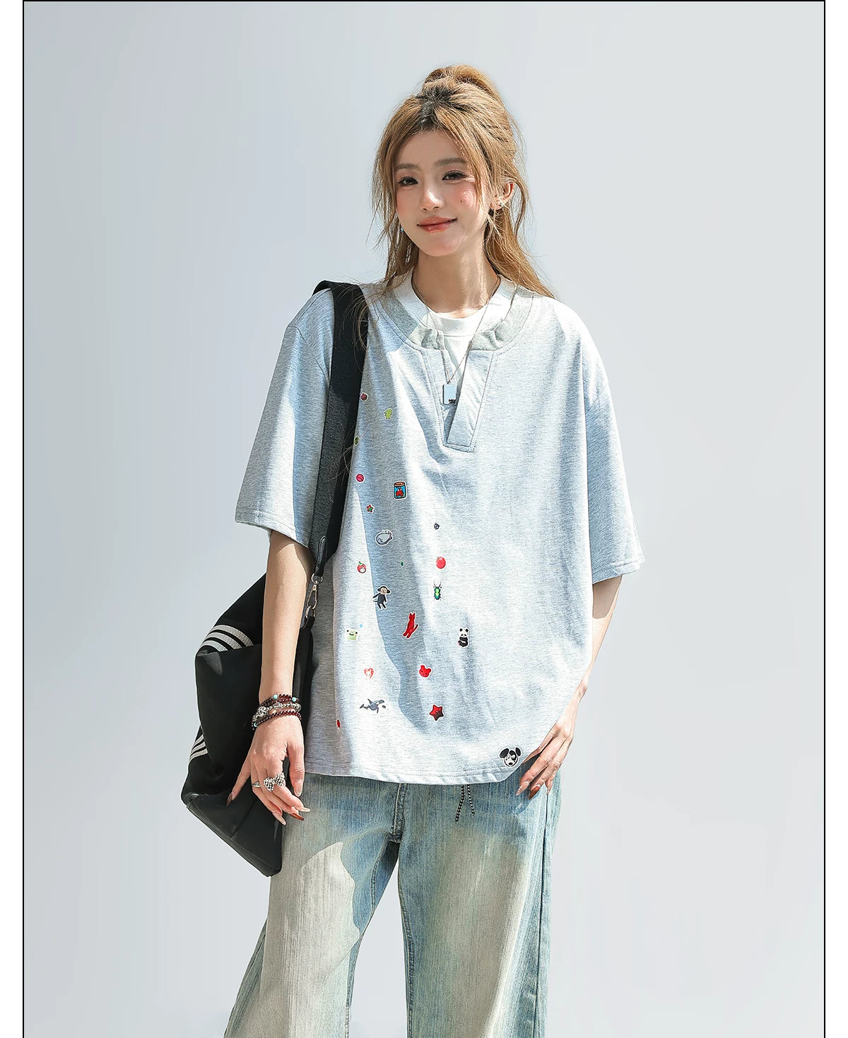 CHANT2nd Contrasting Color Splicing Fake Two-piece Loose Tee