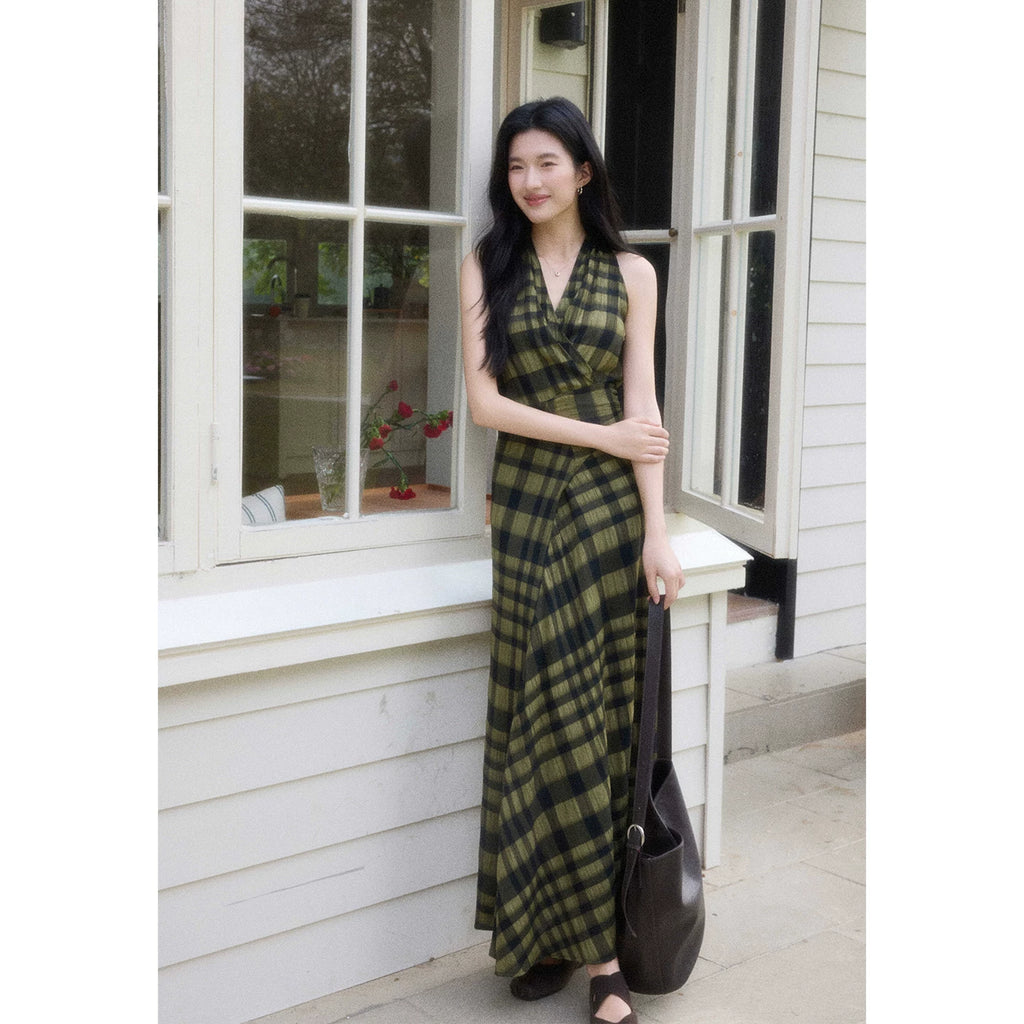 TYANG Retro V-neck Plaid Dress