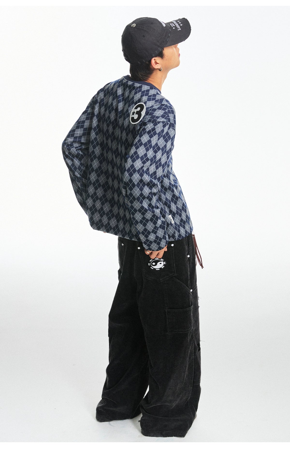 CoosRetro Vintage Rhombus Plaid Embroidery Casual Long Sleeve