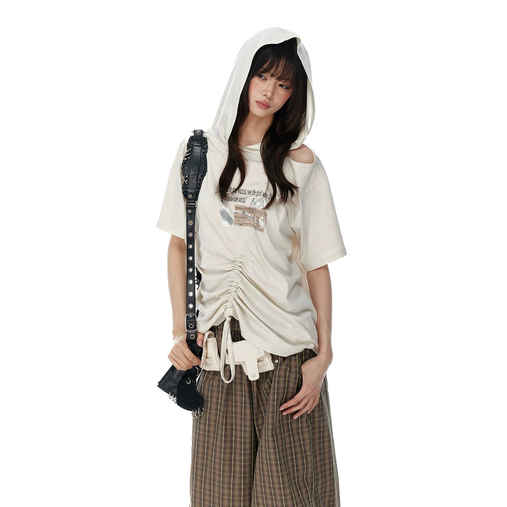 JIKOO Slanted Shoulder Hooded Loose Tee