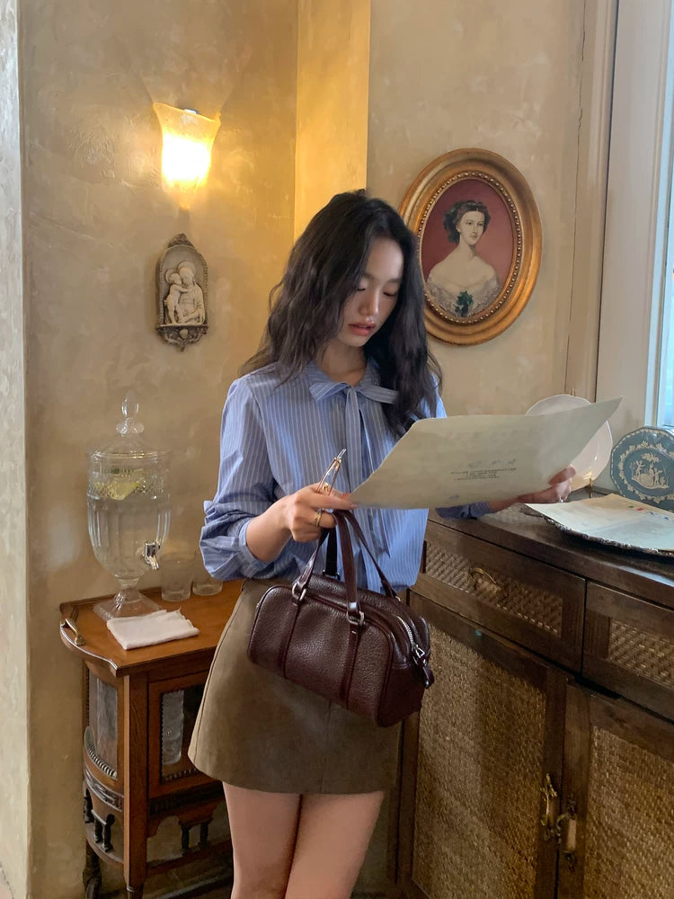 Pusumede Bow Strap Striped Shirt