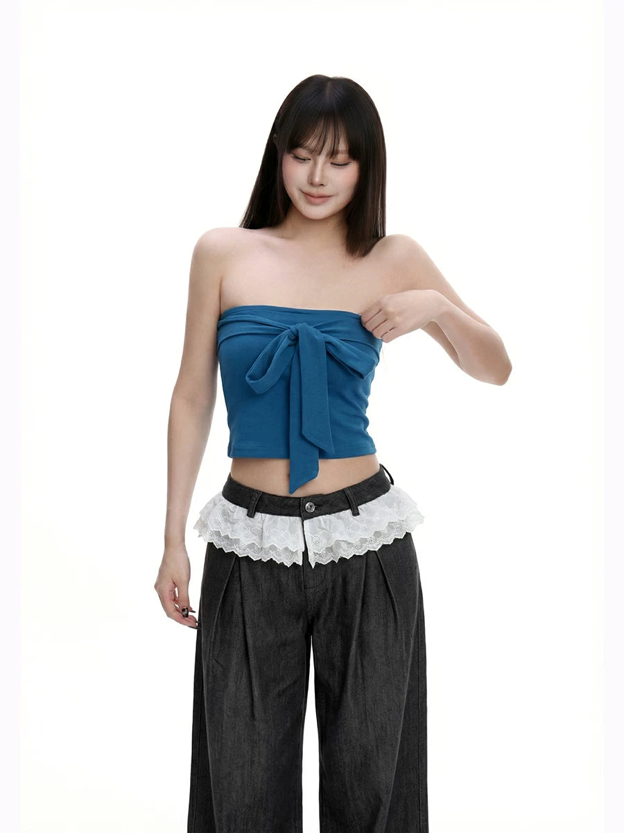 WITHMIN Bow Tube Top Small Floral T-shirt Two-piece Set