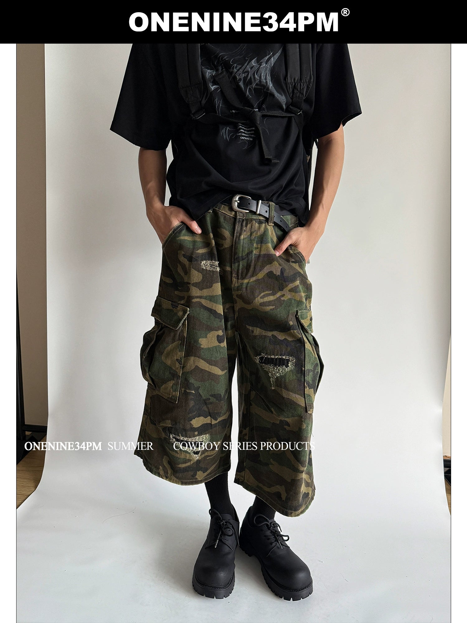 ONENINE34PM Retro Ripped Seven-point Camouflage Overalls
