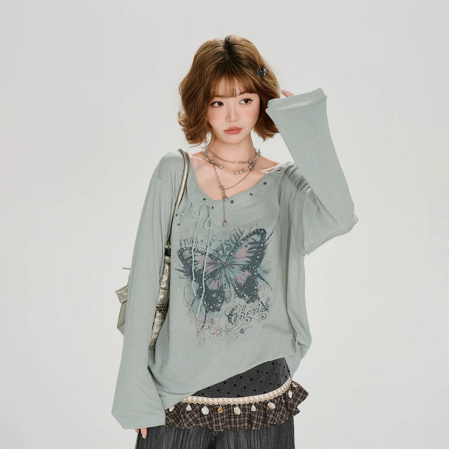 Girlyhalo Vintage V-neck Slim Loose Tee
