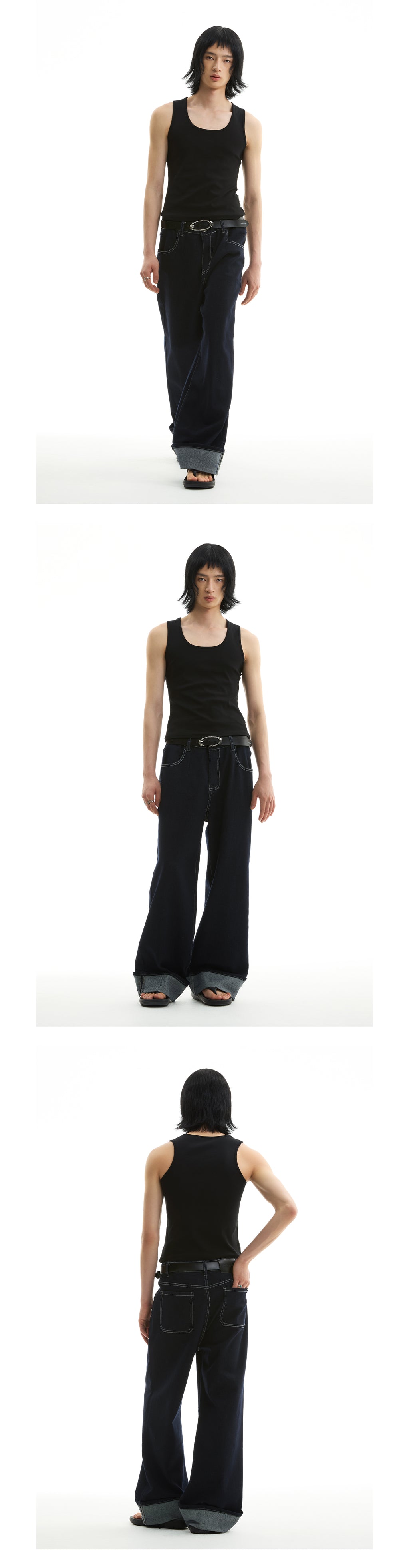 FUNKYFUN 2025SS fold-up pants micro-elastic primary color blue straight jeans