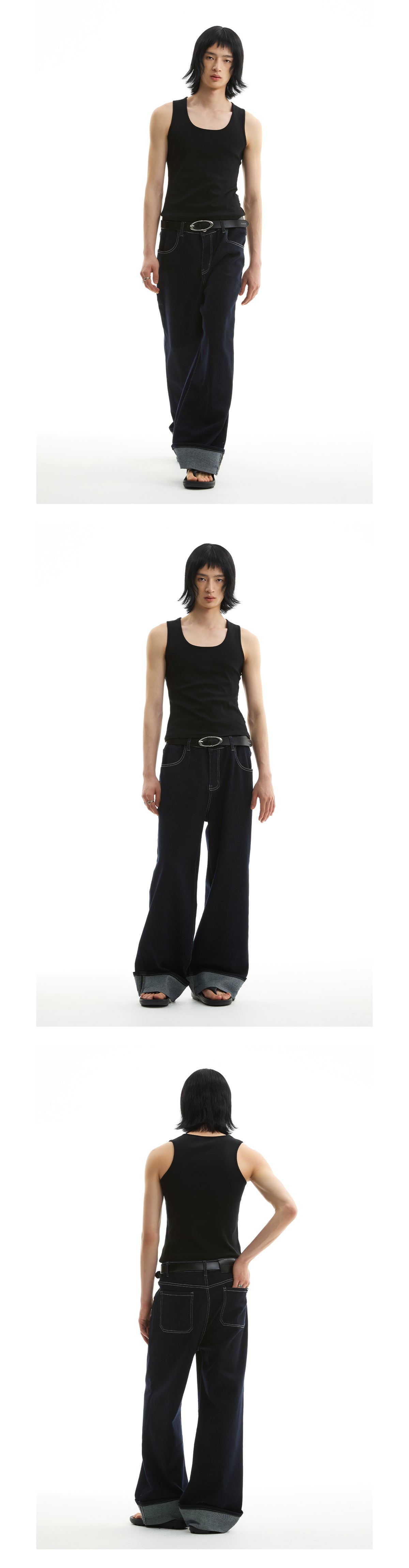 FUNKYFUN 2025SS fold-up pants micro-elastic primary color blue straight jeans