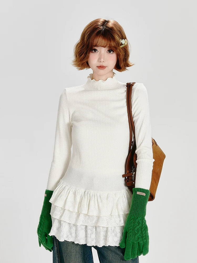Girlyhalo Semi-turtleneck Multi-layer Lace Stacked Slim-fit Bottoming Shirt