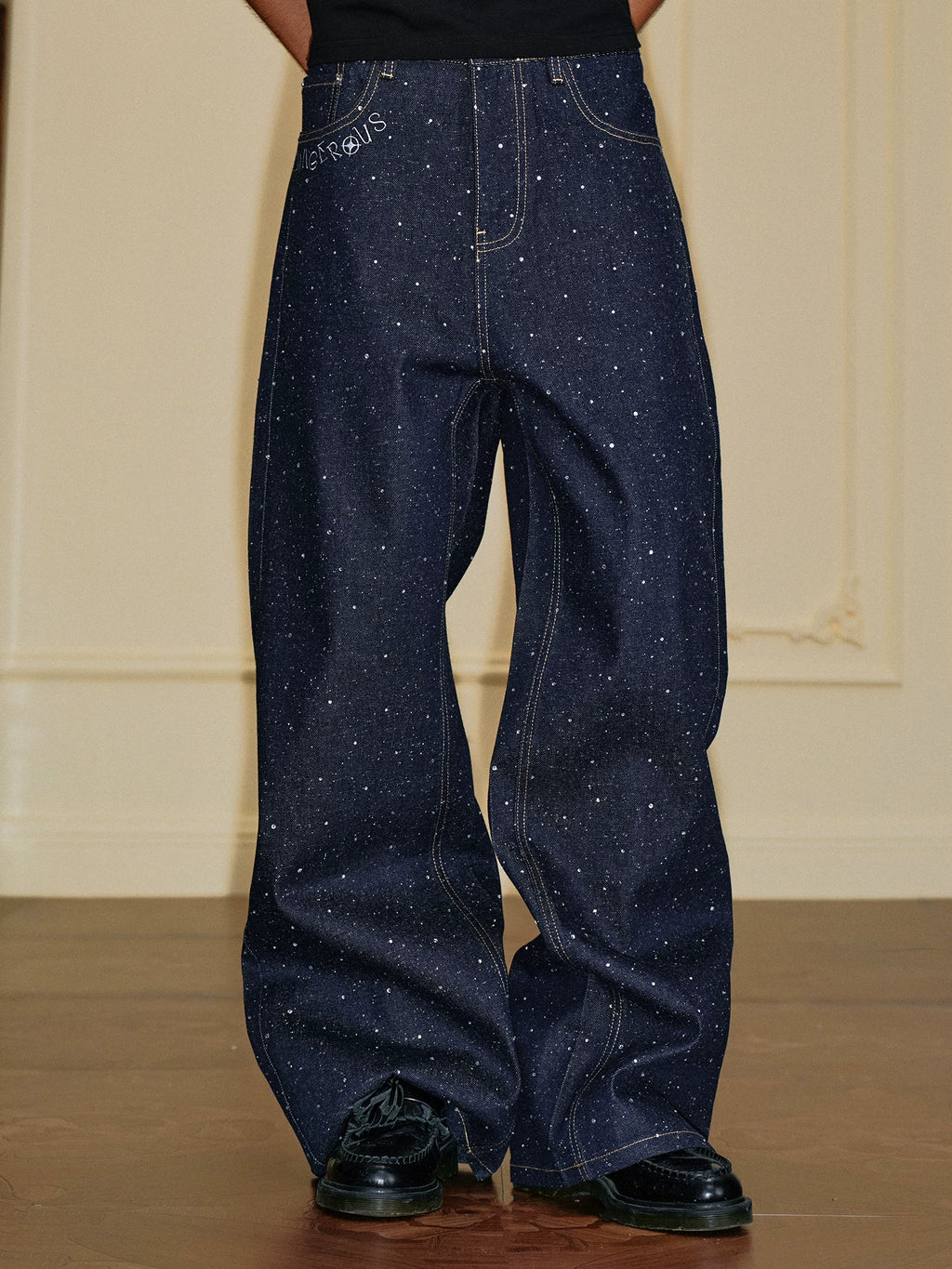 YADcrew 14oz Deep Blue Starry Glitter Wide-Leg Jeans