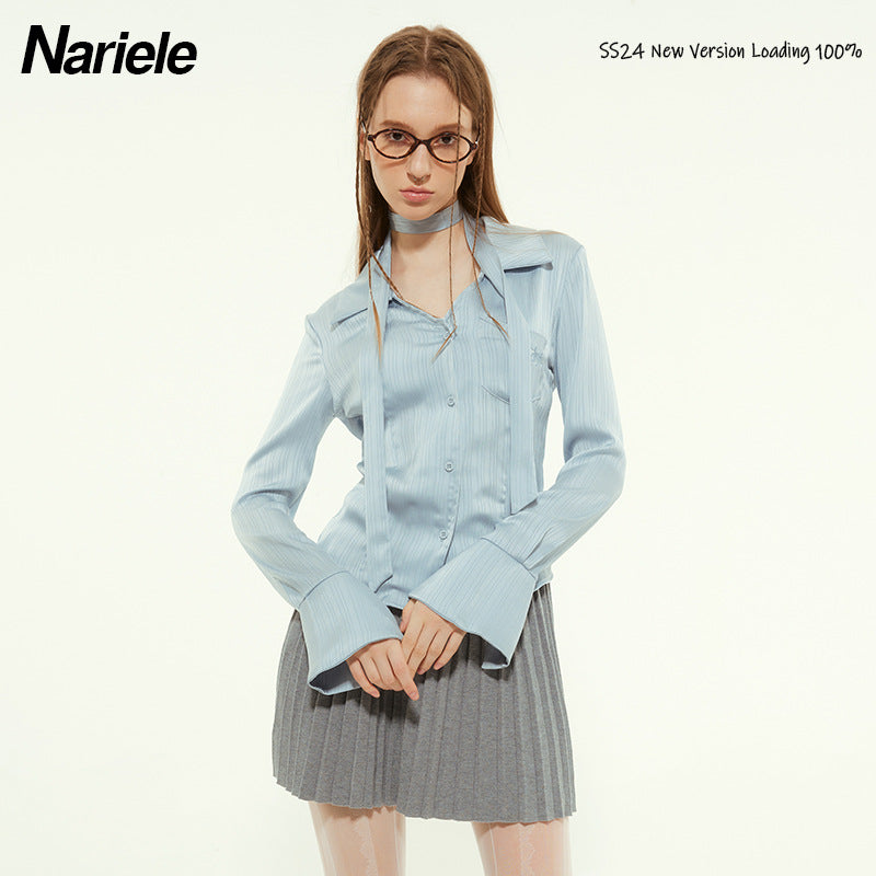 Nariele Embroidered Ribbon Short Long Sleeve Shirt