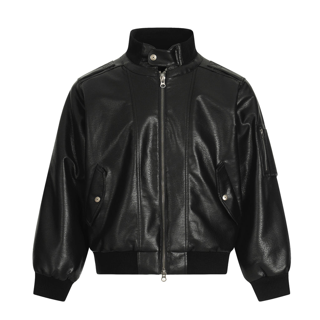 11KN Retro Short Wide Pu Leather Jacket