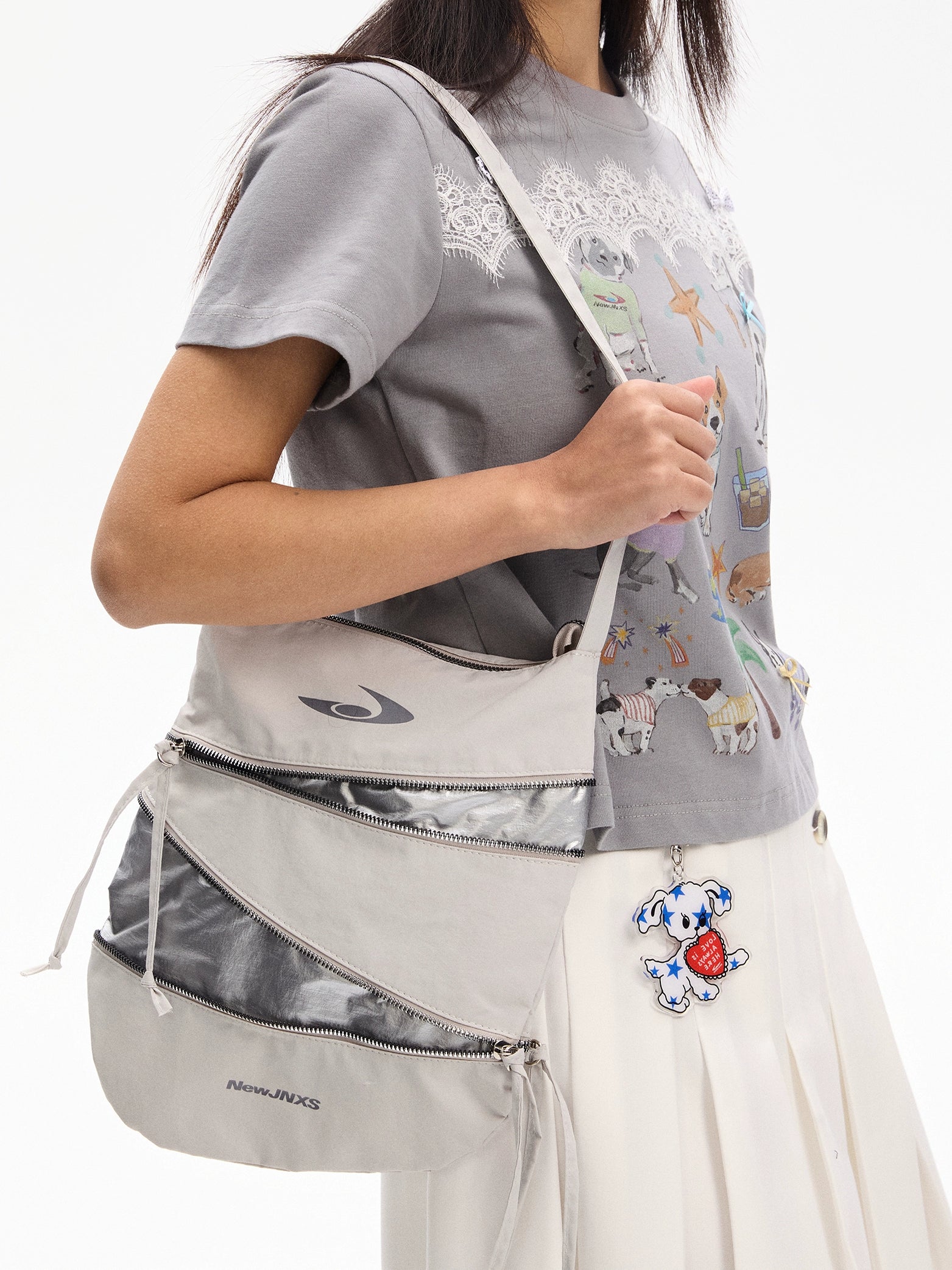 NewJNXS Reflective Printing Casual Multi-zipper Splicing Satchel